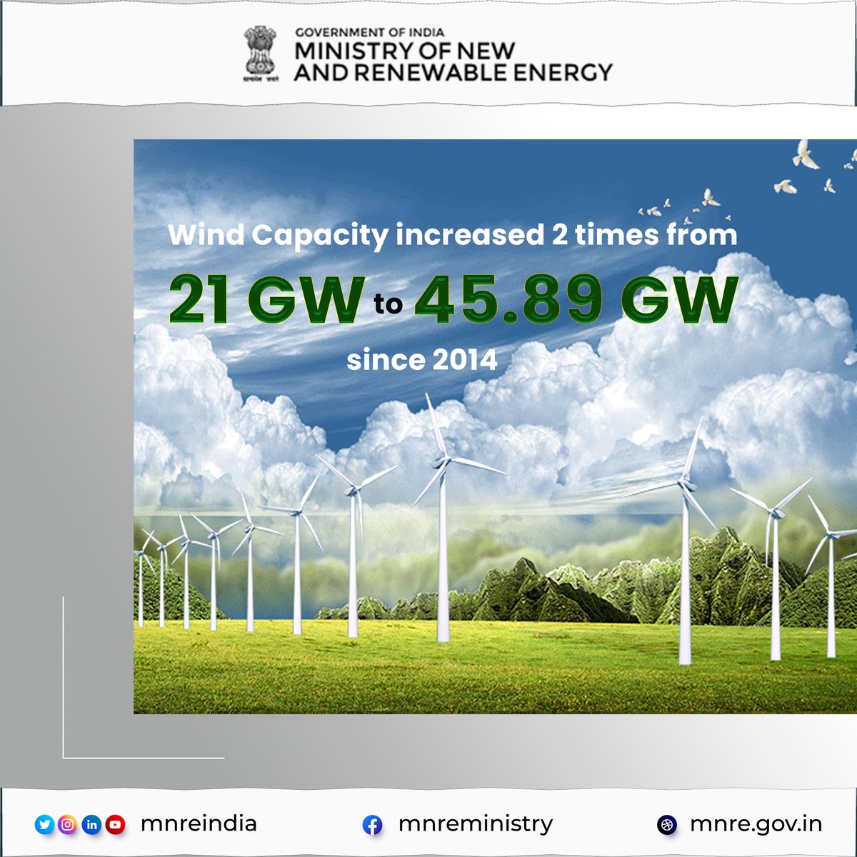 Wind power in India has doubled in just a decade, from 21 GW till 2014 to an impressive 45.89 GW till 2024. Let's keep up the momentum for a cleaner, brighter future!  #RenewableEnergy #India #WindPower #MNREIndia