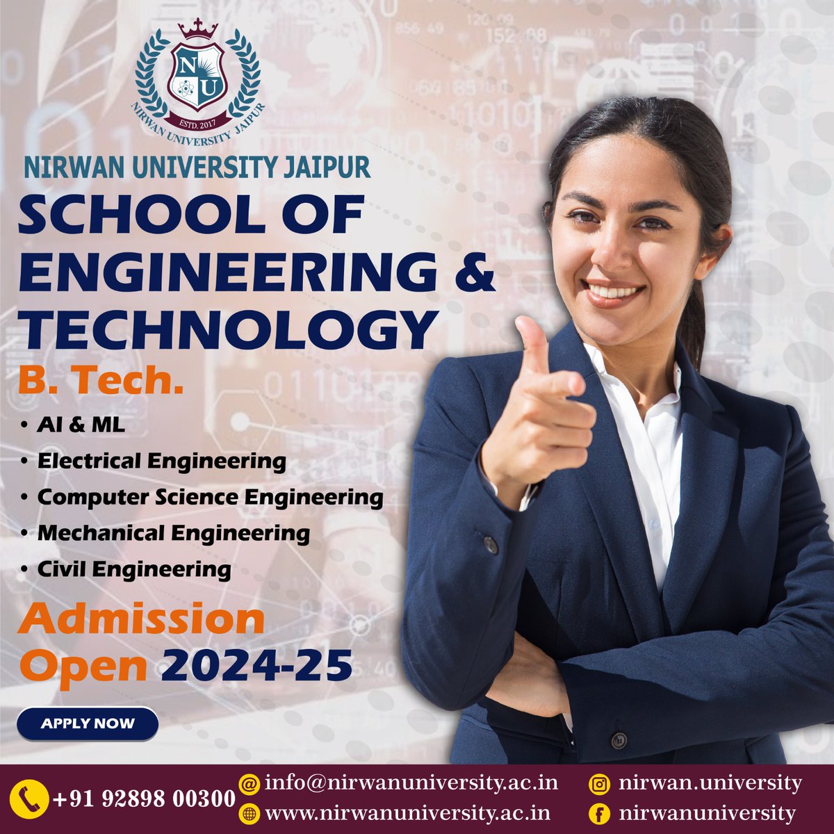 Explore limitless possibilities at Nirwan University Jaipur! 🚀 School of Engineering and Technology is now welcoming aspiring minds for the academic year 2024-25. Don't miss out on this opportunity, APPLY NOW! #NirwanUniversity #Engineering #AdmissionsOpen #BTech #AI #ML
