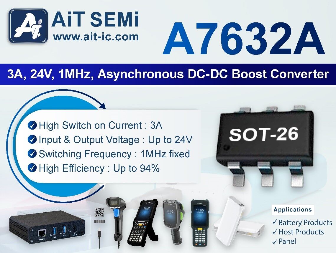 A7632A Boost Converter The 𝗔𝟳𝟲𝟯𝟮𝗔 is a current mode boost DC-DC converter. Its PWM circuitry with built-in 3A current power MOSFET makes this converter highly power efficiently. The A7632A is available in a small SOT-26 package. To check the detailed specifications of th