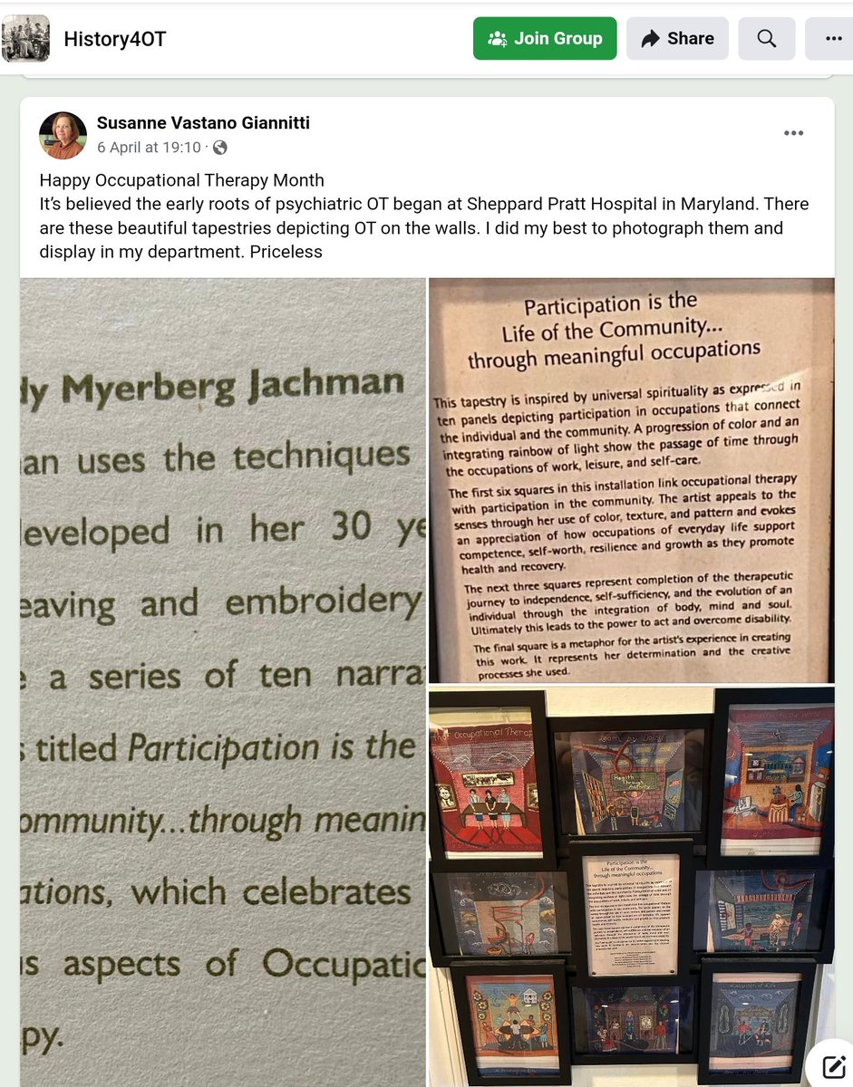 Some fabulous stuff being posted on History4OT on Facebook. Beautiful tapestries depicting #OccupationalTherapy 'participation through meaningful occupation' from Sheppard Pratt Hospital, Maryland USA.