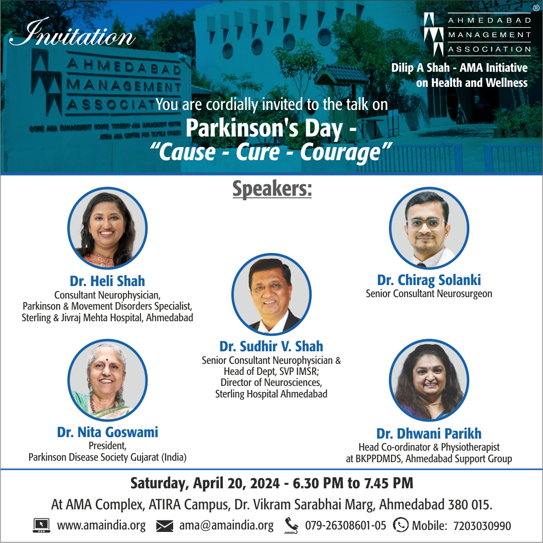 Join us for the upcoming talk on PARKINSON’S DAY – “CAUSE – CURE – COURAGE”. Together, we illuminate the path towards understanding, healing, & the resilience that empowers every step forward.

#ama #amaindia #growprofessionally #parkinson #parkinsondisease #parkinsonsawareness