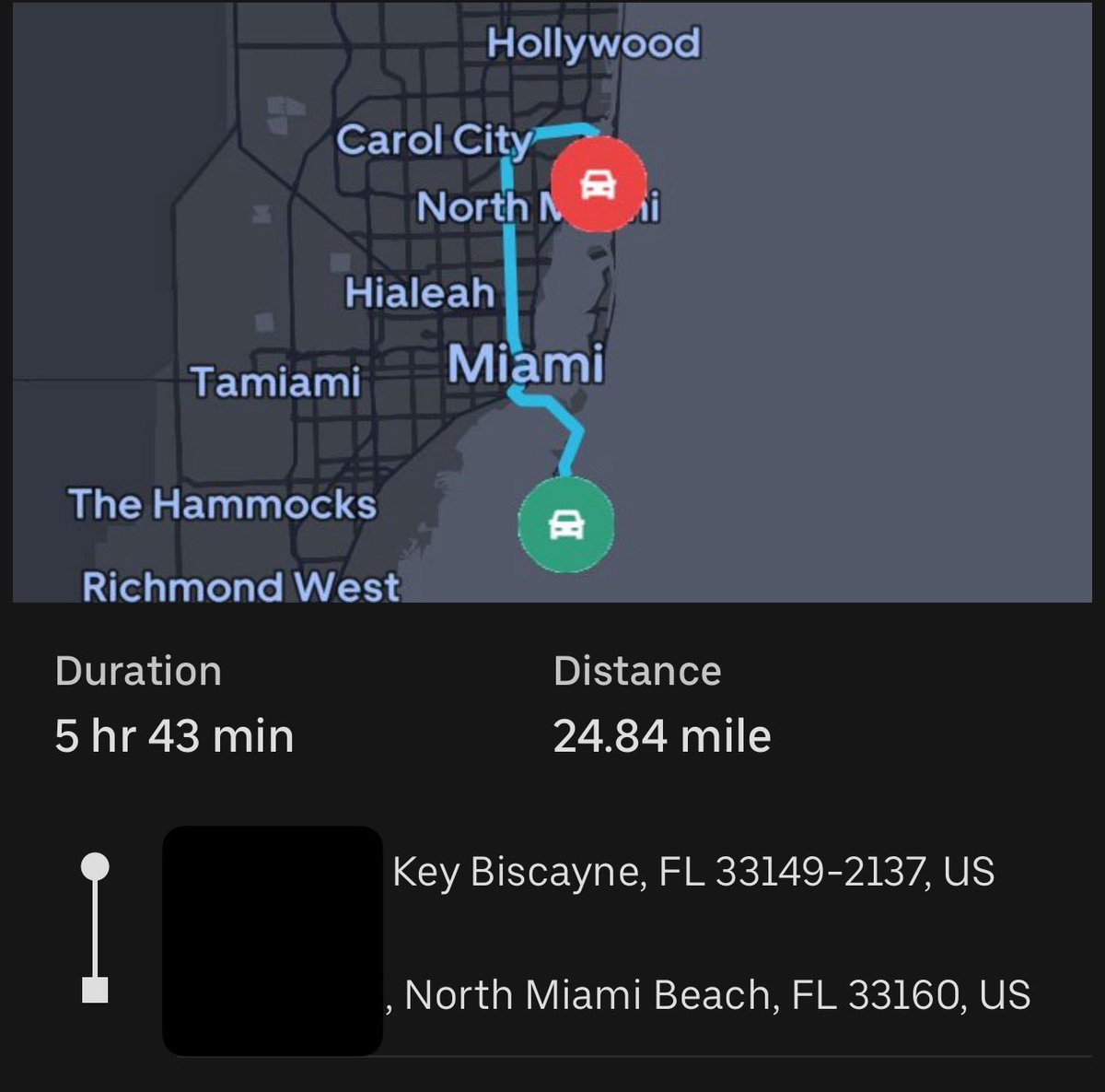 @OfficialJoelF As a rideshare driver, I was doing trip from Key Biscayne to Aventura. Here’s proof of how long that trip took.