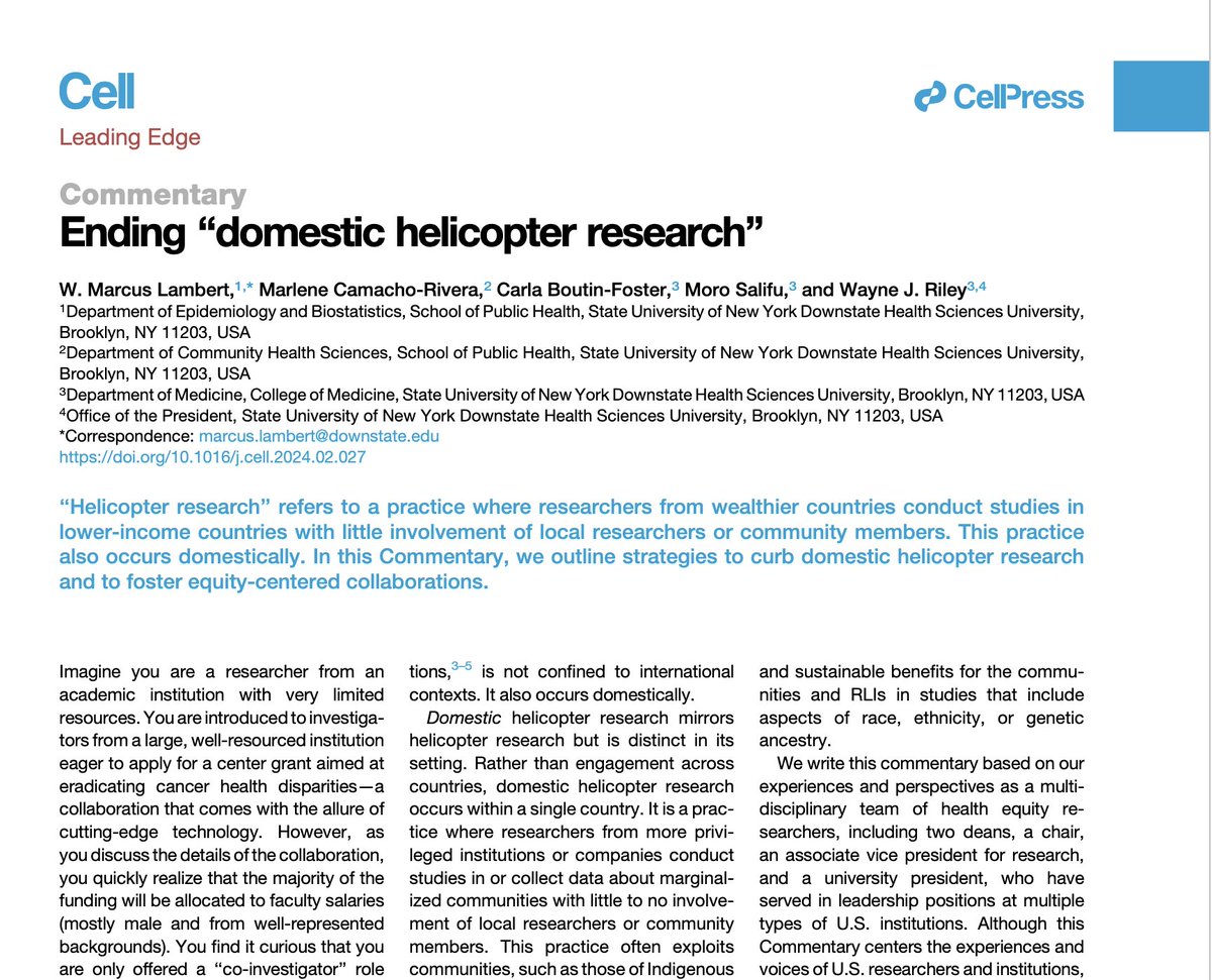 My colleagues and I are shedding light on a concerning trend we've termed 'domestic helicopter research.' This involves researchers dropping in marginalized communities, conducting studies, and leaving w/o any true community or local researcher engagement. authors.elsevier.com/a/1ivbjL7PXqQ43