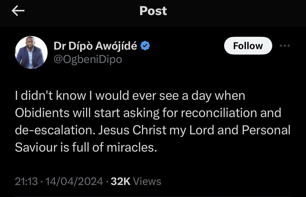 I cannot blame @OgbeniDipo too much, na ndi peacemaking Obidients I go blame. WTF happened to grudges 🤷🏿