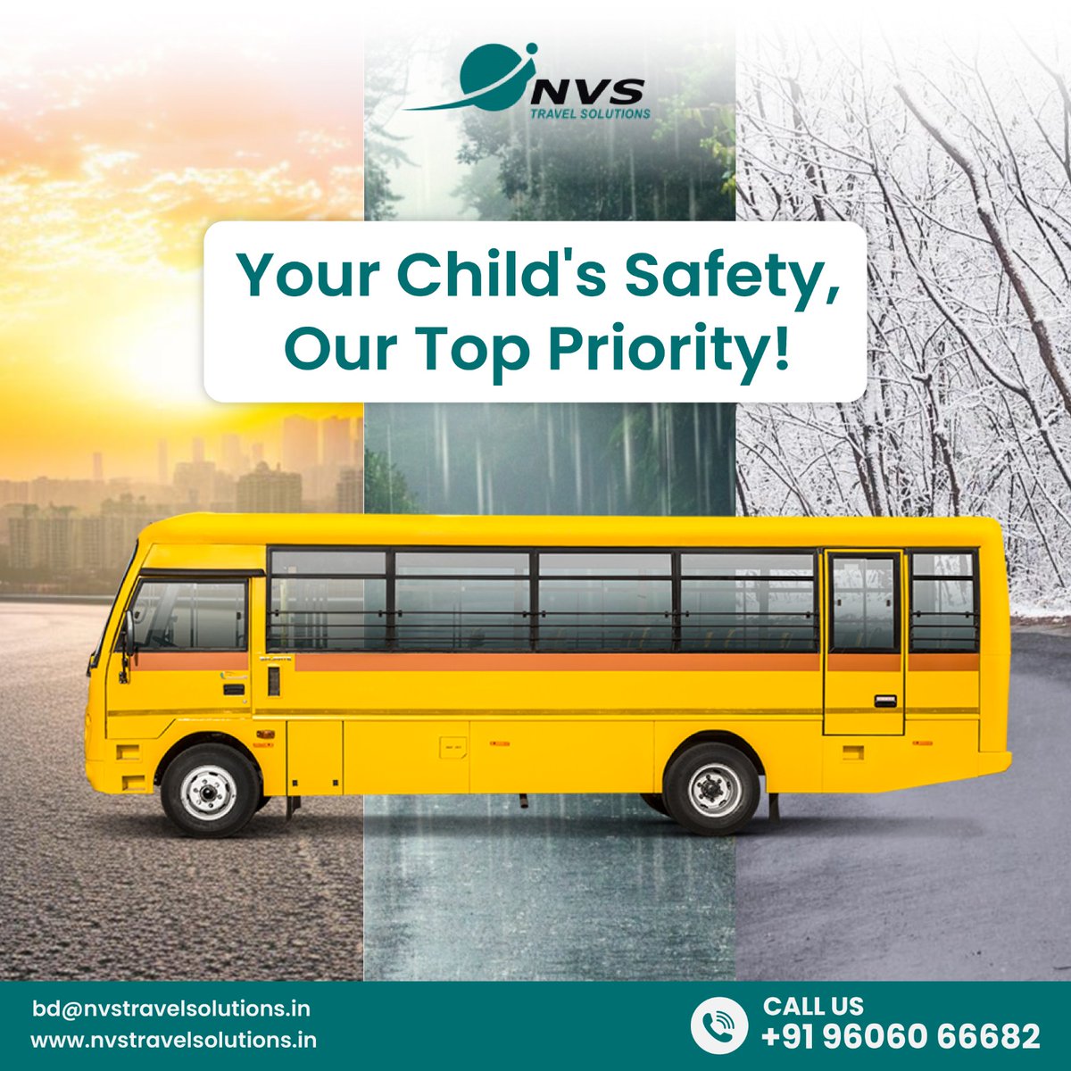 Your child's safety is our priority! With NVS, trust in secure and stress-free school journeys. Peace of mind guaranteed!
Get in touch: +91 9606066682
Visit us - nvstravelsolutions.in

#nvstravel #nvstravelsolutions #transportationservices #schooltransportation