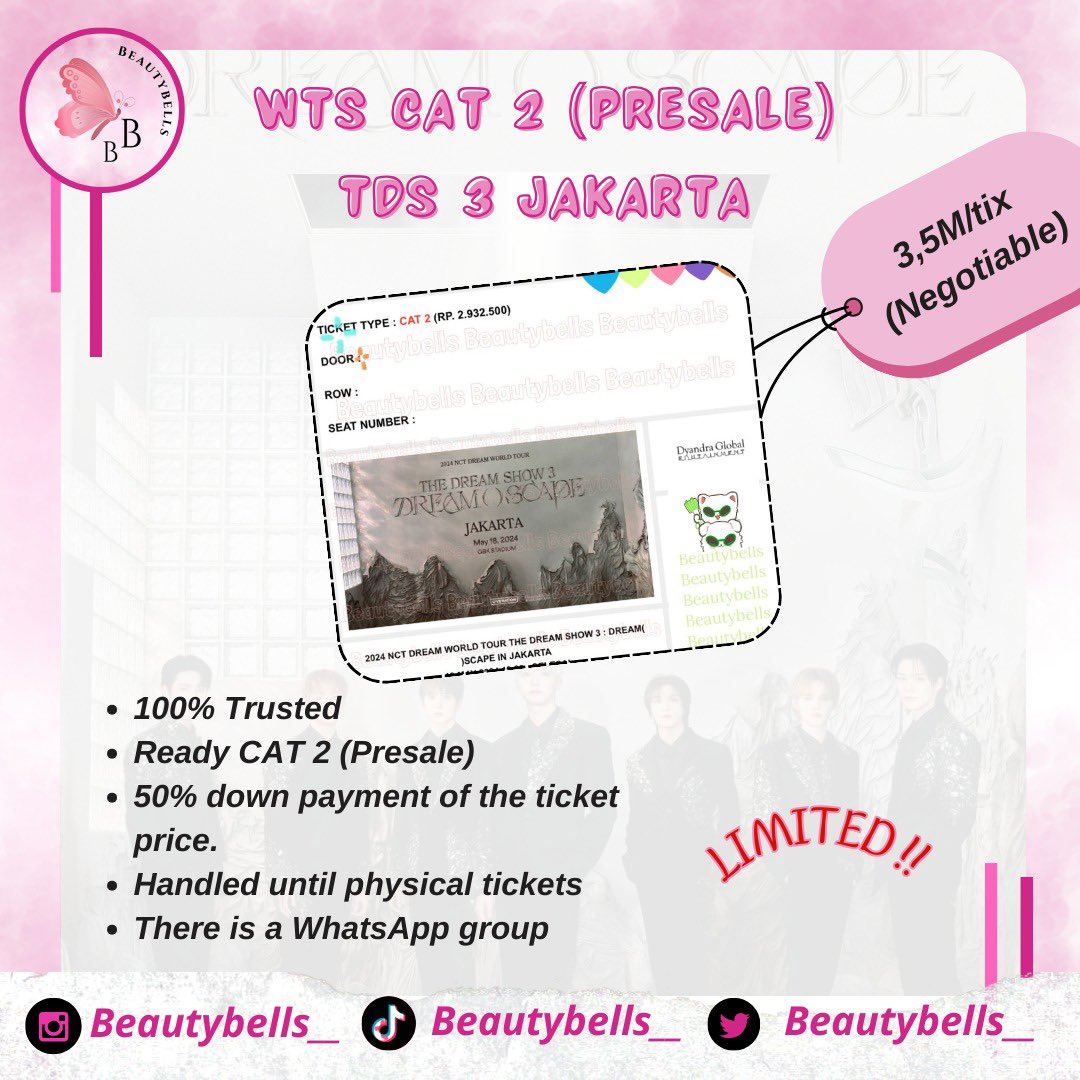 Beautybells__'s tweet photo. #WTS TDS3 in Jakarta
🌱 CAT 1 & CAT 2 (PRESALE)
🌱 Minat? DM
🌱 DIURUS SAMPAI TIKET FISIK
🌱 Ada Grup WA
🌱 IG/Tiktok : Beautybells__
#NCTDREAM #THEDREAMSHOW3
#NCTDREAM_THEDREAMSHOW3
#NCTDREAM_WORLDTOUR #WTSTDS3 #WTSCAT1 #WTSCAT2 https://t.co/3kdPzZ7sJL