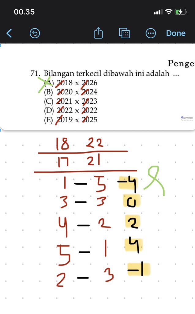 achroses's tweet image. guys aku ada logic untuk soal ini !!
1 : coret 2 angka sama di awal
2 : dari a x b dicari angka paling kecilnya (a = 18 dan b = 22), diturunin 1 angka buat jd patokan = 17 dan 21
3 : cari angka option a-e (jarak angka ke patokan)
4 : dikurang
*option e 2-4 = -2. anw cmiiw 🫶🏻