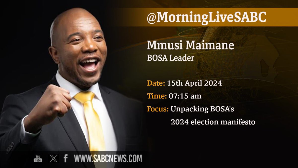 Tune in to @SABCNews at 7am. I will be on the @MorningLiveSABC show with @SakinaKamwendo and @LeanneManas along with @SongezoZibi discussing our party manifestos and why South Africa needs to move on from the @MYANC, @EFFSouthAfrica and @Our_DA in this election.