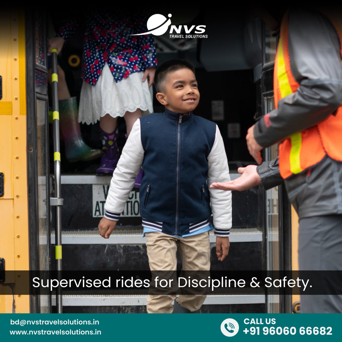 Secure and disciplined rides with NVS Transport's onboard supervision. Your safety is our priority.
Get in touch: +91 9606066682
Visit us - nvstravelsolutions.in

#nvstravel #nvstravelsolutions #transportationservices #schooltransportation #service #comfort #safety #schoolbus