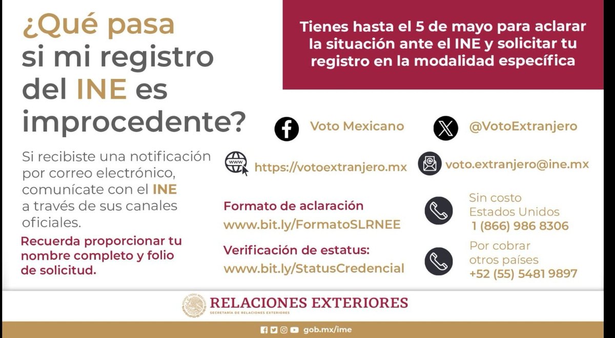 ¿Registro del INE improcedente? Aclara antes del 5 de mayo en votoextranjero.ine.mx/srve_ciudadano… o enviando un correo a voto.extranjero@ine.mx