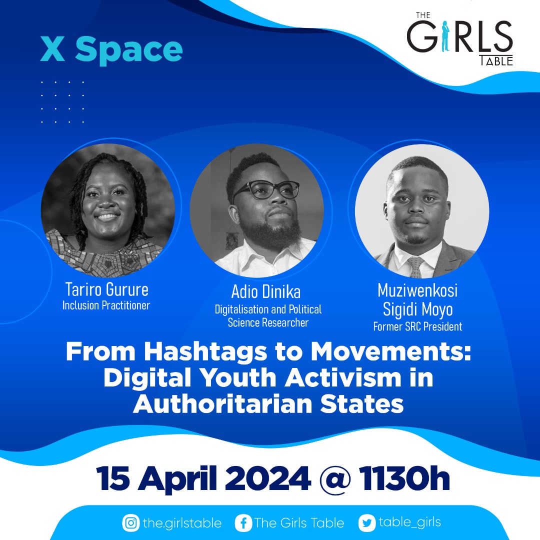 Join our X~Space today at 11:30am to discuss digital youth activism in authoritarian states. Can hashtags lead to movements? Our speakers are Tariro Gurure, Muziwenkosi Sigidi Moyo and Adio Dinika, a Digitalisation& Political Researcher. x.com/i/spaces/1kvJp…