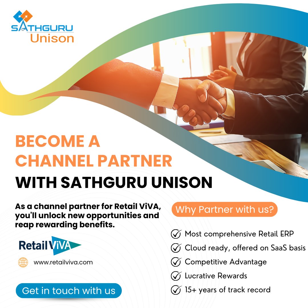 Join us in revolutionizing the retail industry! Become a #channelpartner for the proven Retail ERP - Retail ViVA and unlock new opportunities for growth & success. Partner with us today & embark on a journey of innovation, growth, & success!
sathgurusoft.com/marketing-solu…
#partner