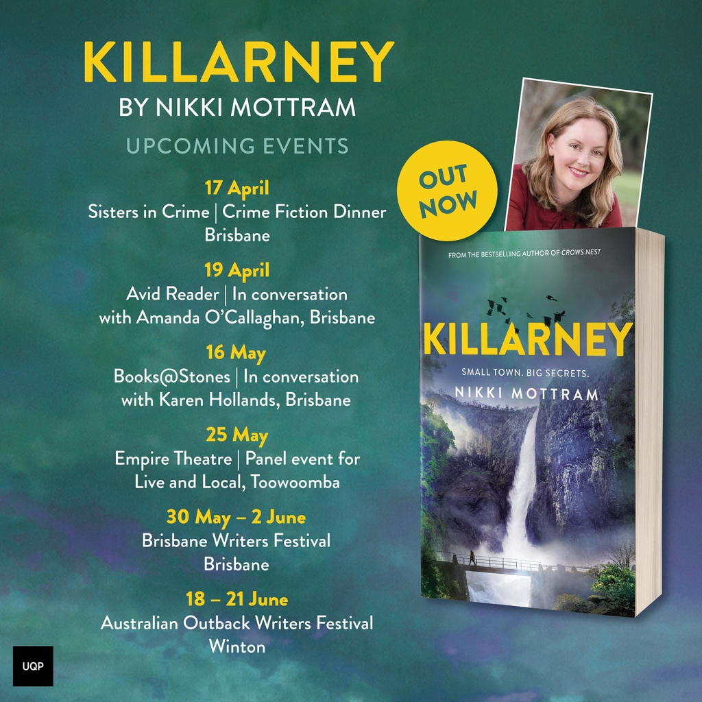 📗 Catch @nikkimottram at an upcoming event where she discusses her latest novel, 'Killarney', the second mystery featuring child protection worker Dana Gibson. 📅 Events are available to book online via @SistersinCrimeA @BooksAtStones @EmpireToowoomba @BrisWritersFest + more.