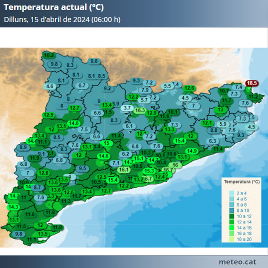 Bon dia! La setmana comença amb una temperatura similar o lleugerament més alta que ahir en aquesta mateixa hora a molts indrets del territori. També observem inversió tèrmica, que s'anirà trencant a mesura que avanci el matí.