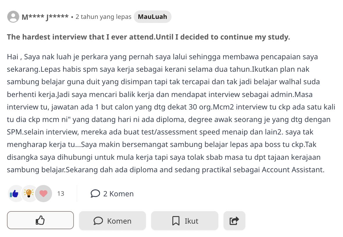 Bagus confessor ni terus bangkit. Kalau korang pulak apa pengalaman interview yang korang tak boleh lupa?🤔