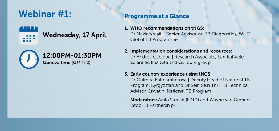 Register for the webinar series: Implementing targeted next-generation sequencing for detection of drug-resistant TB, 17 April (12 noon GMT+2), hosted by @StopTB ,@FINDdx & partners @StopTB_NDWG, the Global Laboratory Initiative ,@USAID &,@UNITAID.us06web.zoom.us/webinar/regist…