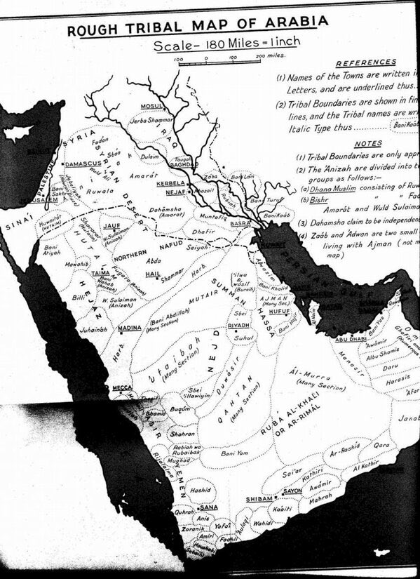 @alwaely5678 هذي الخريطه الاصليه للمستشرق  لتوزيع القبايل ويتضح اسم الصمان ومطير ، وقطر وقبيلة انعيم اما الخريطه اللي نزلتها فيها تحريف كثير