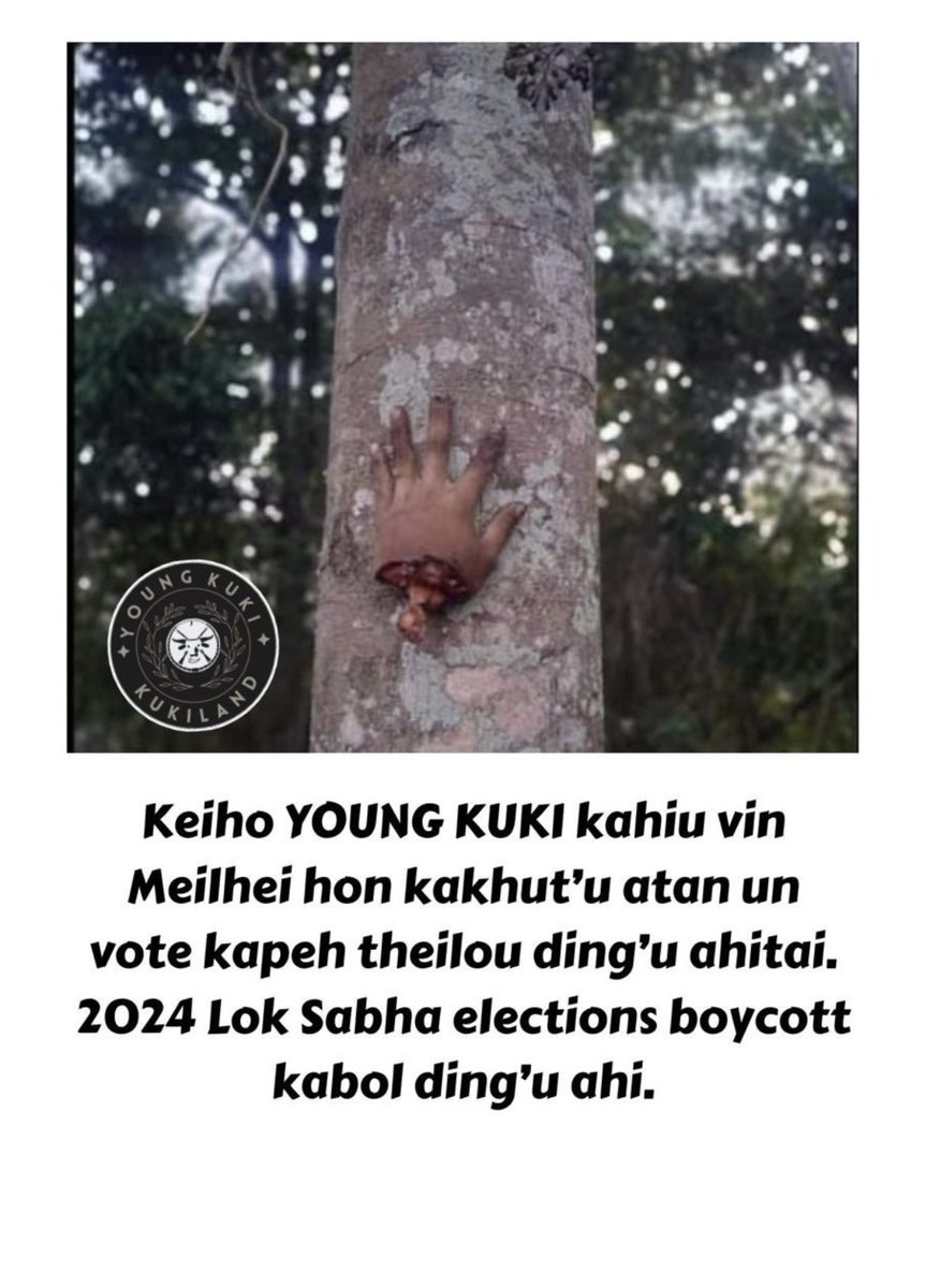 𝐍𝐎 𝐇𝐀𝐍𝐃𝐒,𝐍𝐎 𝐕𝐎𝐓𝐄!

I am Thangkholim Kuki, the Meiteis have chopped my hands I no longer have hands to vote *I will not vote* | will boycott 2024 Lok Sabha election.
#BoycottMPElection
#NotmyVote
#YoungKuki