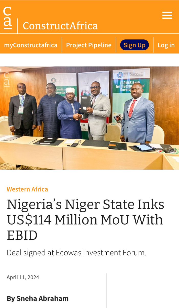 Niger State signs a MoU with ECOWAS bank for Investment & Development for $114m Projects 1. construction of the Madalla-Suleja-Maje dual carriage road budgeted $30m. 2. transformation of the former secretariat into the School of Medical and Health Sciences, with an allocated…
