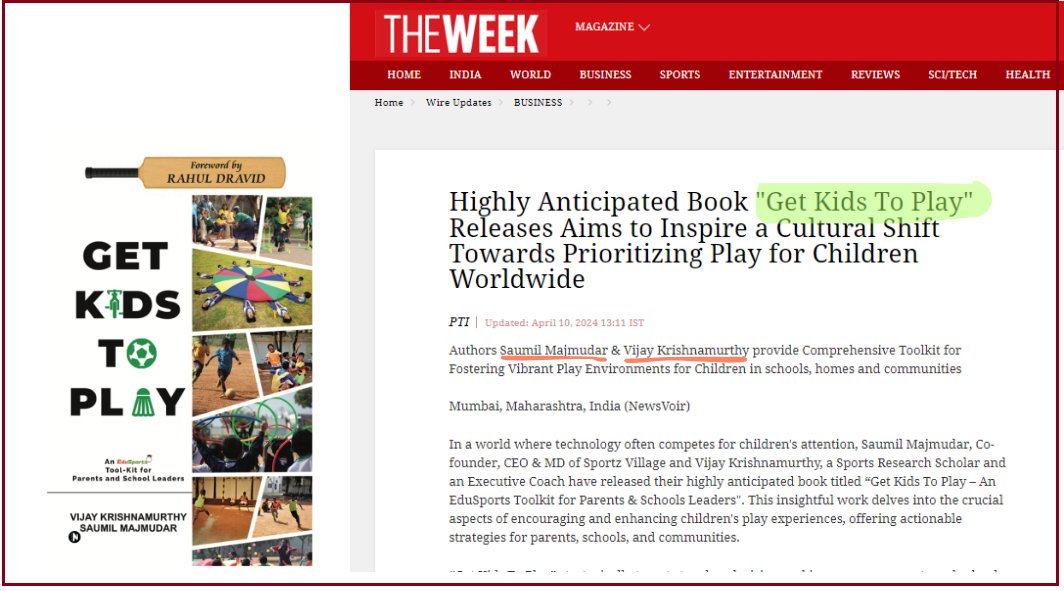I've grown up reading @TheWeekLive , and didn’t expect to be featured by the magazine someday. Here’s the mention about my new book 'Get Kids To Play,' co-authored with @saumilmajmudar | GetKidsToPlay.com