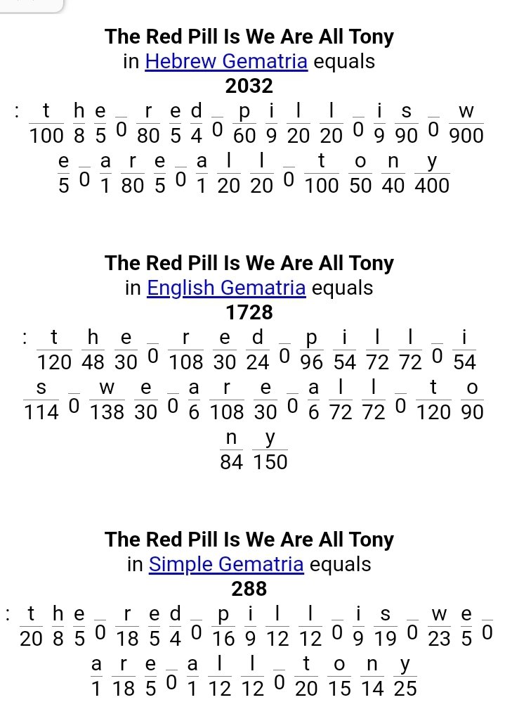 I4m166's tweet photo. The #RedPill Is,
We Are All #Tony. = 2032 h. /288 s.
"The #DivineMessage From Above, = 2032 = "#BlowinCabalUp!! GOOD K!?" J.c.
(J.c. -> Jesus #Christ)
You are Very #Good = 2032
2032 = #No Pact With #Evil Cabal
God #Showin I #Love = 2032
9:08 p.m. pst. h. = Find Encrypted Code https://t.co/5yDMFn4dAJ