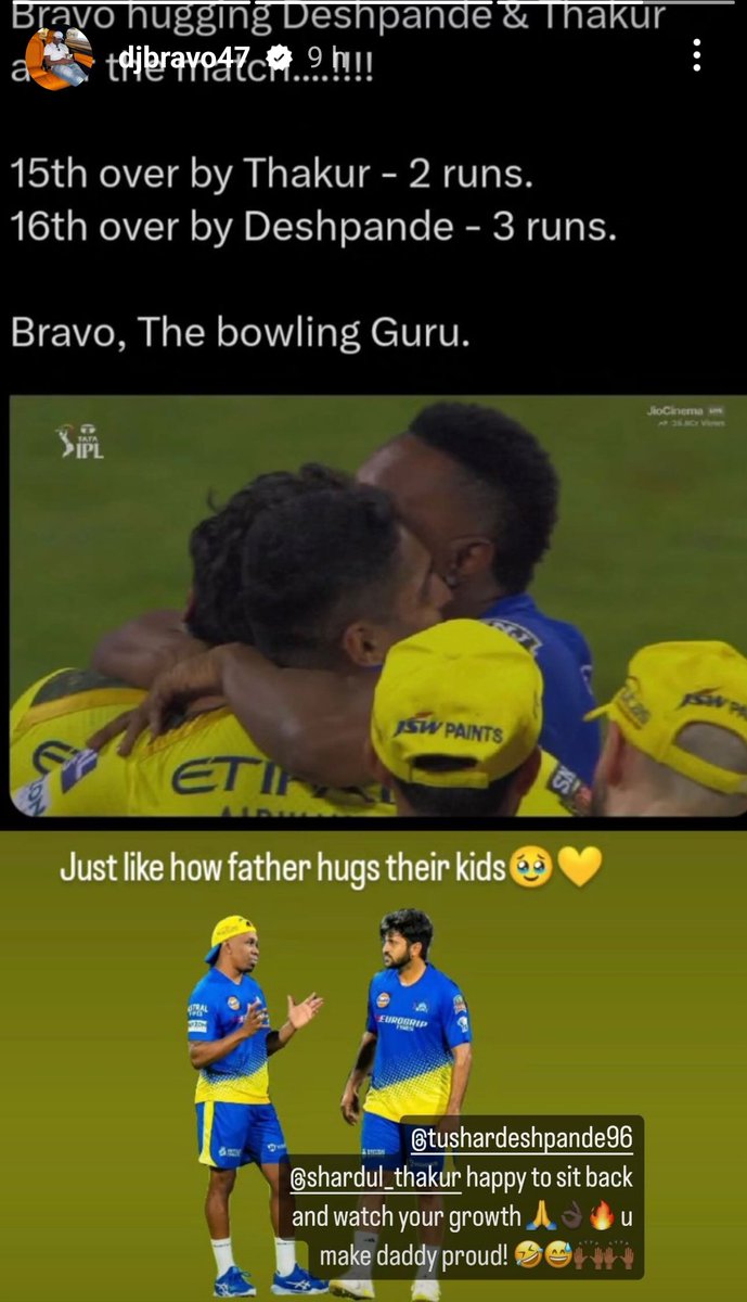Instagram story of DJ Bravo...!!!! - 'Just like how father hugs their kids' about the beautiful moment with Deshpande & Thakur. 👌