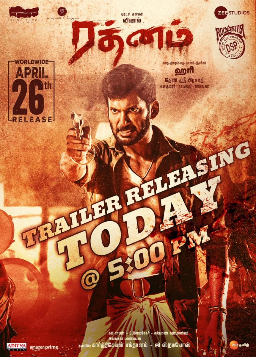 #Ratnam Trailer from today 5pm !
Satellite and Digital Rights Bagged By #ZeeTamil & #AmazonPrimeVideo!
.
#Vishal #Hari #DSP