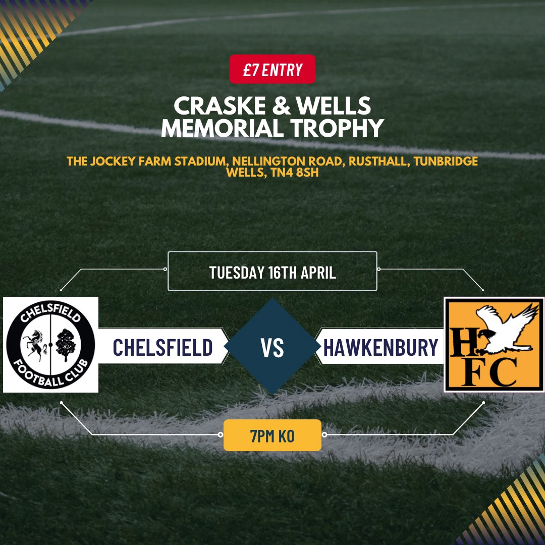 @Chelsfield_FC vs @fc_hawkenbury 

Craske & Wells memorial trophy
16/4/24
7pm ko
Venue: @FCRusthall 

#SDFL