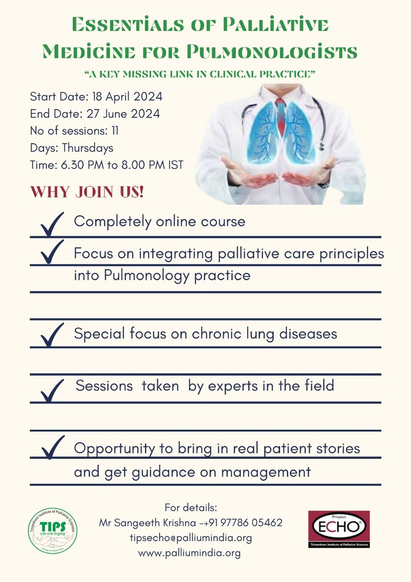 A few seats left! Training begins this Thursday: April 18, 2024. Apply NOW: forms.gle/RARi2KddaQLzxU… Eligibility: Pulmonologists, Residents in Pulmonology Read more about the course: palliumindia.org/2023/02/epmp-a… #pulmonology #pulmonologists #palliativemedicine #certificatecourse