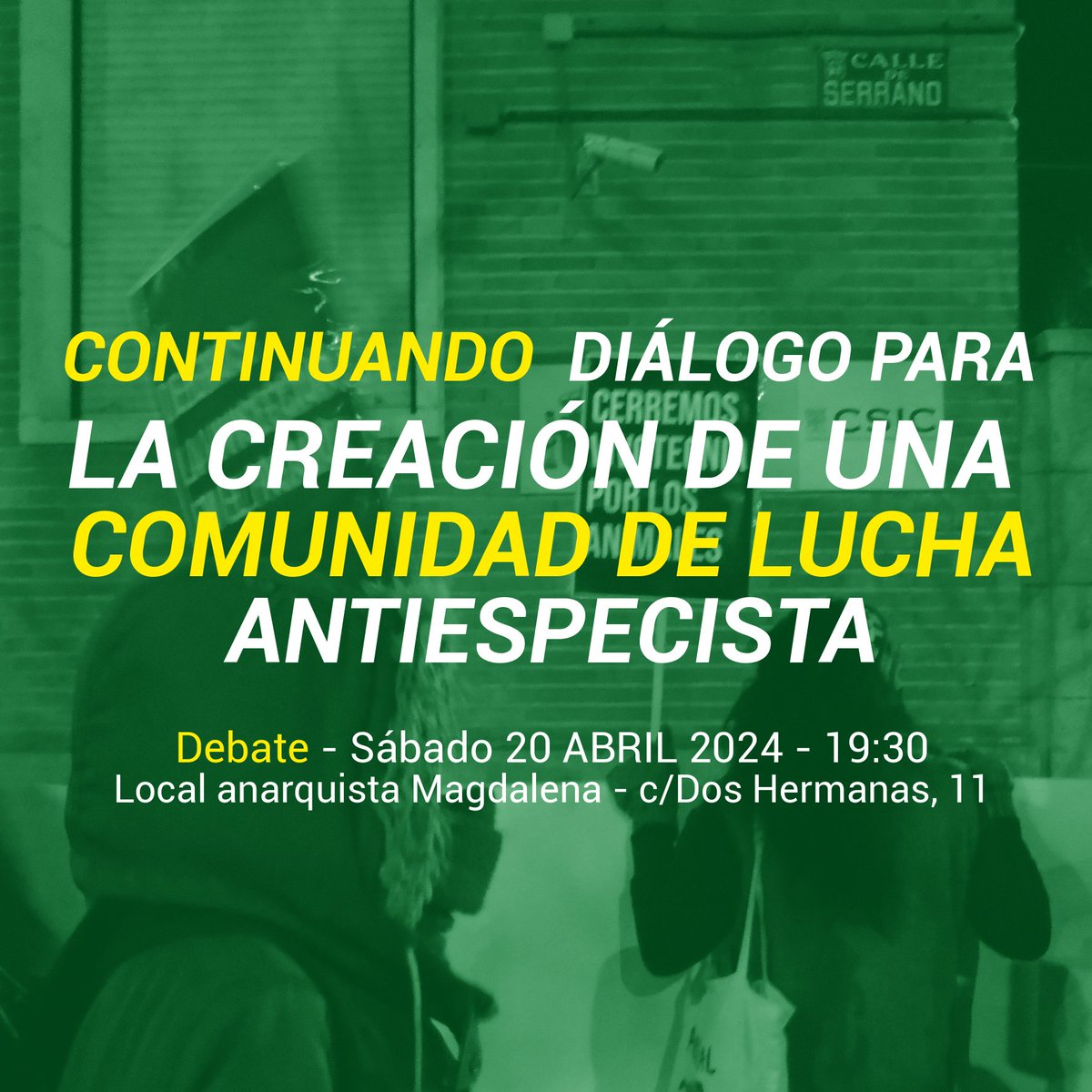 El sábado 20 de abril a las 19:30 continuamos el diálogo para construir una comunidad de #Lucha #Antiespecista en @LocalMagdalena 
Aquí las reflexiones del primer encuentro: +
cerremosvivotecnia.noblogs.org/post/2024/04/0…
#Activismo #Veganismo #LiberaciónAnimal