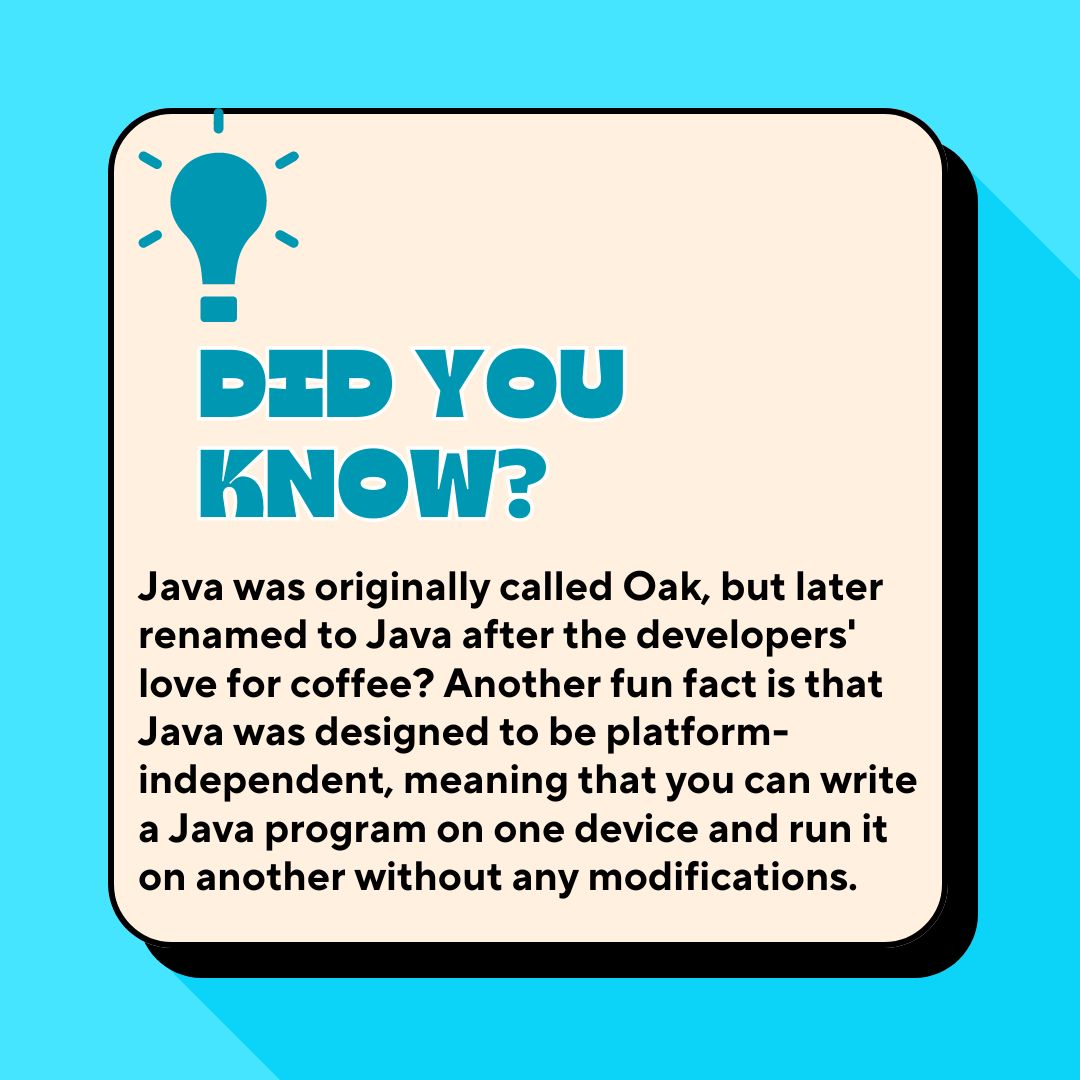 Did you know that Java isn't just a drink? ☕️ It's also a powerful programming language! From its origins as Oak to powering Android apps, Java's platform independence makes it a favorite among developers. Dive into the world of code with #JavaFacts #ProgrammingTrivia #TechTrivia