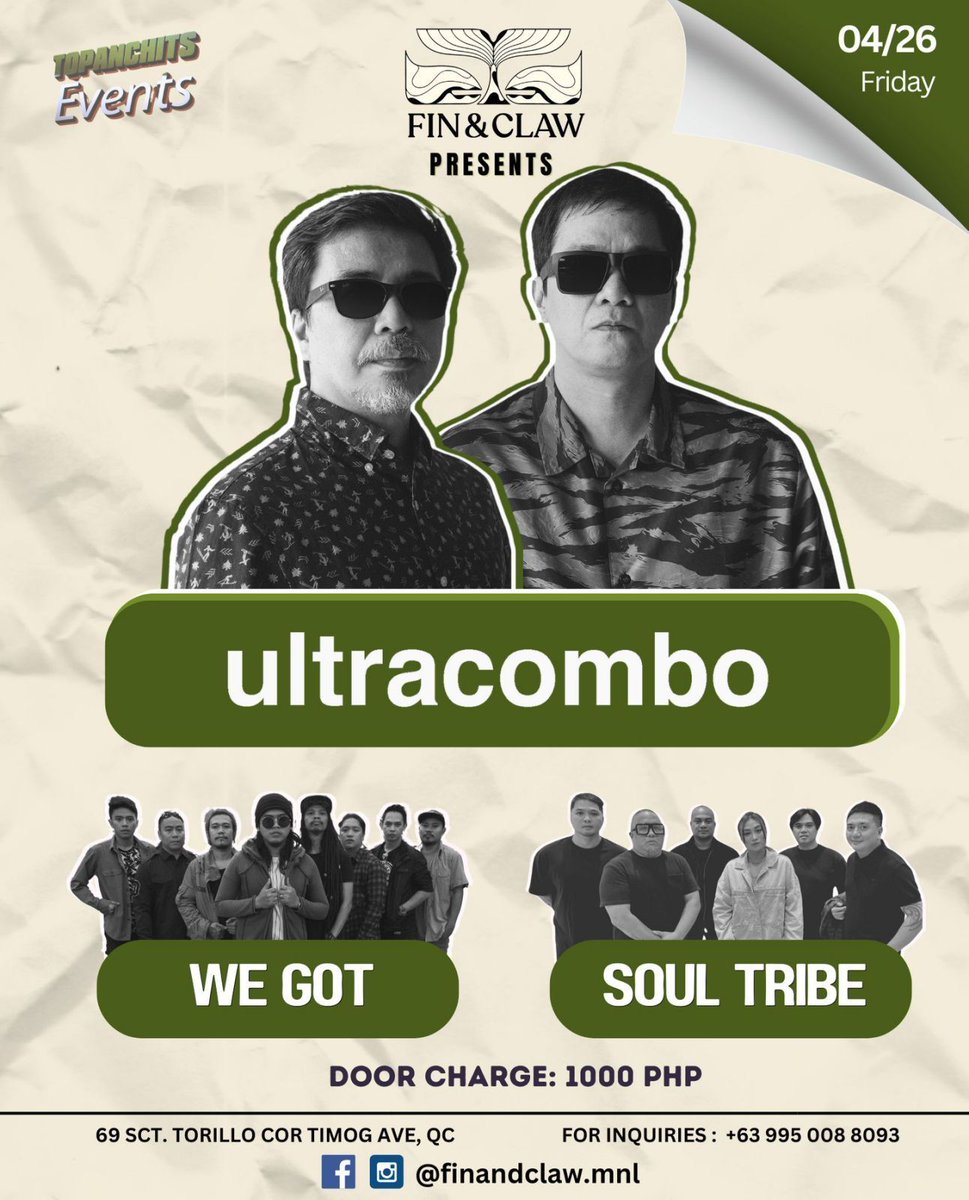 Join us for an electrifying night with Ultracombo, @wegotmanila, and Soul Tribe on April 26th, 8PM at Fin & Claw, Quezon City! 🌟 Don't miss out!

Entrance fee: Php 1000

For inquiries, contact +639950088093. See you there!

#Ultracombo #WeGot #Soupstar #Soupstar2024