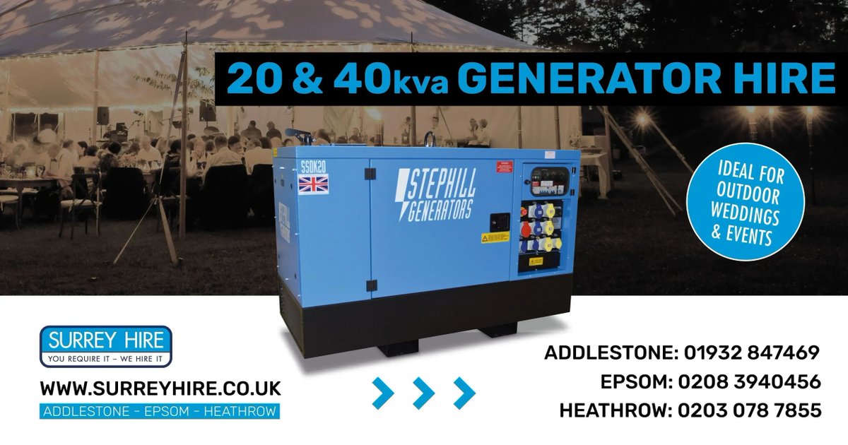 This super silenced diesel generator is ideal to power any site or event. Capable of producing multi-phase 110V/240V output & fitted with multiple socket outlets & electric start. #surreyhire #addlestone #heathrow #epsom #surrey #surreyevent #surreywedding #planthire #surreylife