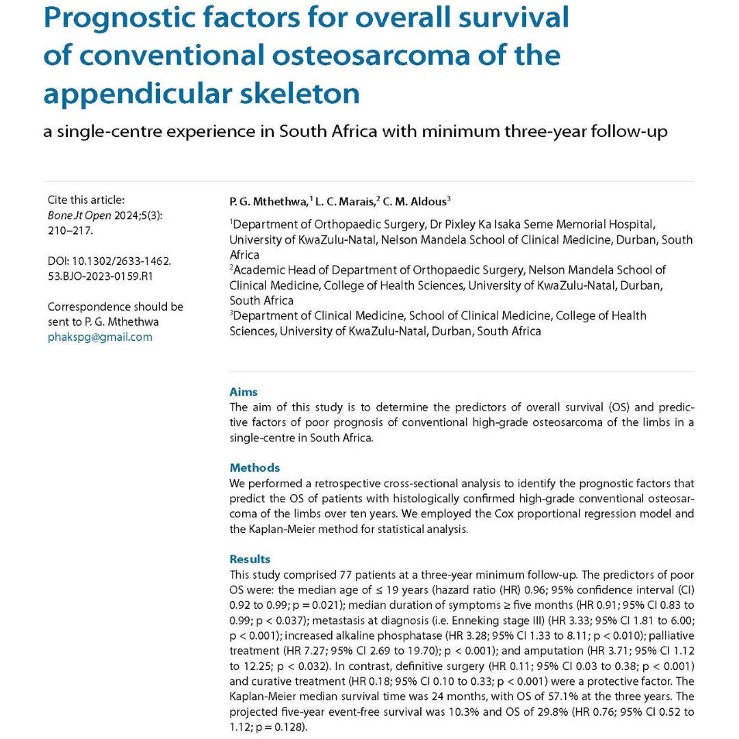 The aim of this study is to determine the predictors of overall survival and predictive factors of poor prognosis of conventional high-grade osteosarcoma of the limbs in a single-centre in South Africa. #Osteosarcoma #BJO #Research #FOAMed ow.ly/2EGx50R4aw4