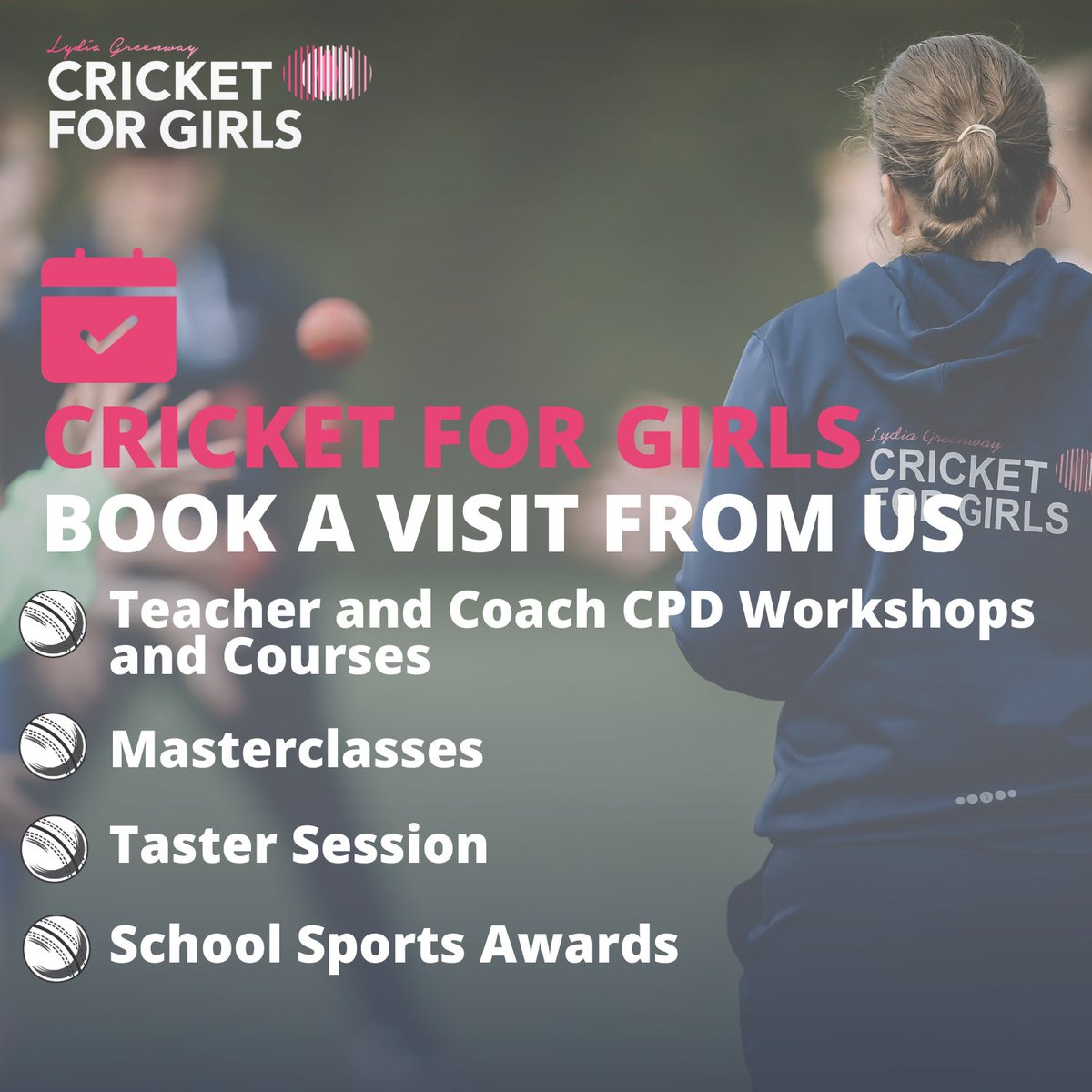 📆BOOK A VISIT FROM US 👉 Teacher and Coach CPD Workshops and Courses 👉 Masterclasses for aspiring cricketers 👉 Engaging Taster Sessions to ignite the cricketing passion 👉 School Sports Awards Presentations ✉️ Email us: events@cricketforgirls.com ow.ly/Xrnt50Q1OB1