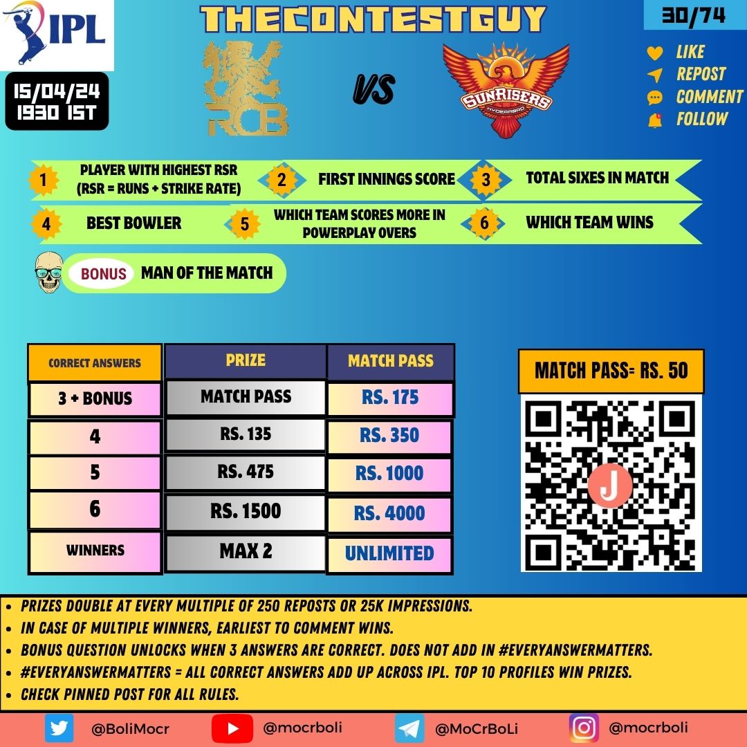 #IPL2024 🏏 Contest by #TheContestGuy #RCBvsSRH

M30 = Bengaluru  - Hyderabad 

Predict : 
1. Highest RSR ( RSR = Runs + Strike Rate)
2. First Innings Score
3. Total Sixes
4. Best Bowler
5. Which Team Scores More in Powerplay
6. Winning Team

- Follow, Repost & Like