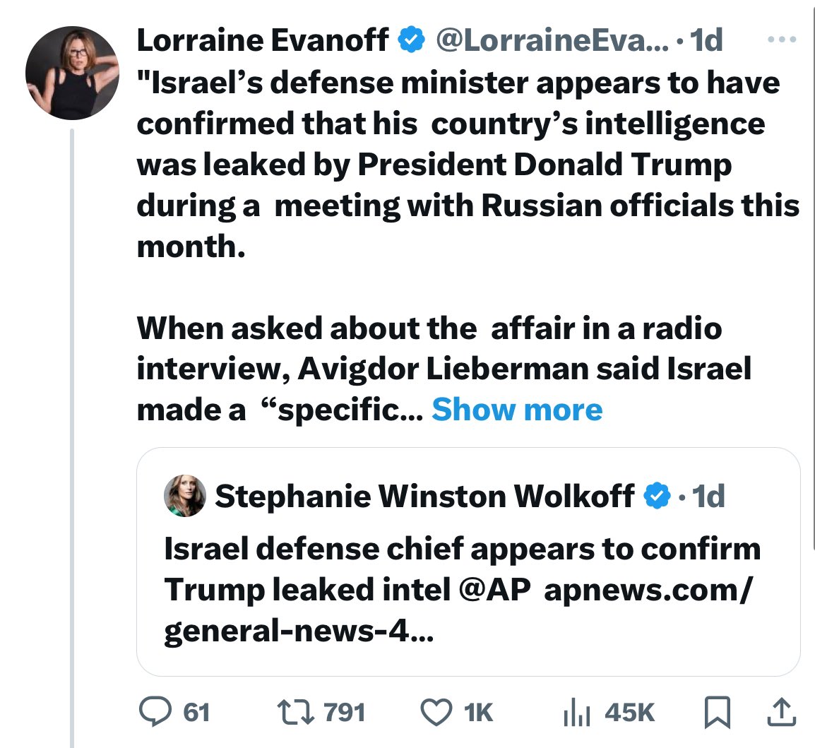 MAGA: “Iran wouldn’t have DARED to attack Israel if Trump were still President!” Reality: Trump leaked Israel defense intel to Russians, who *gave* it to Iran