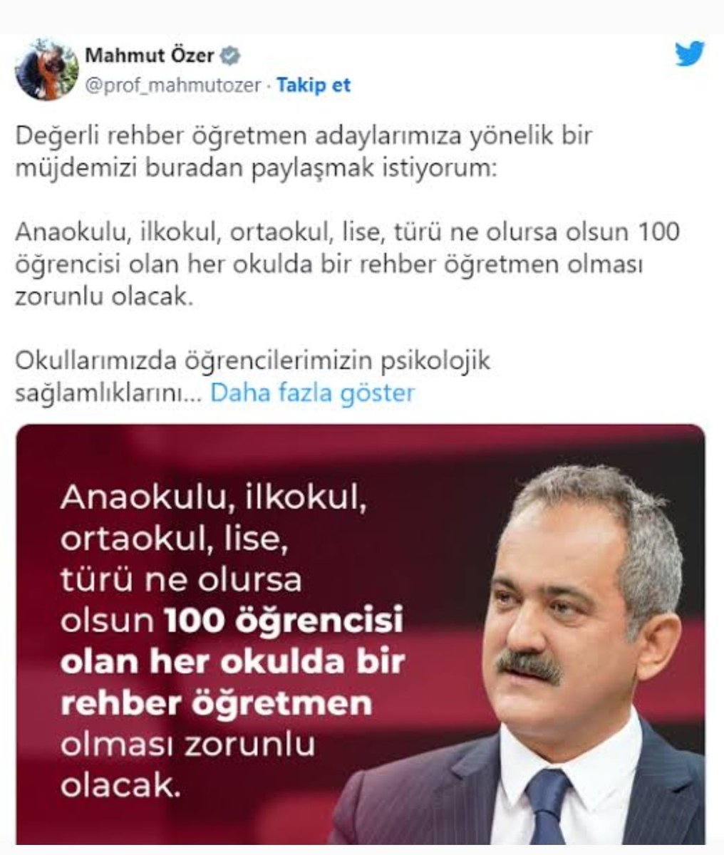 320 gün önce (seçimden önce) Milli Eğitim Bakanı @prof_mahmutozer en az 100 öğrencisi olan HER OKULUN REHBER ÖĞRETMENİ OLACAK' dedi. Ancak, (seçimden sonra) 'Hala GERÇEKLEŞMEDİ' @RTErdogan @tcmeb @Yusuf__Tekin @ErcanSeki @cbsbb @tcbestepe