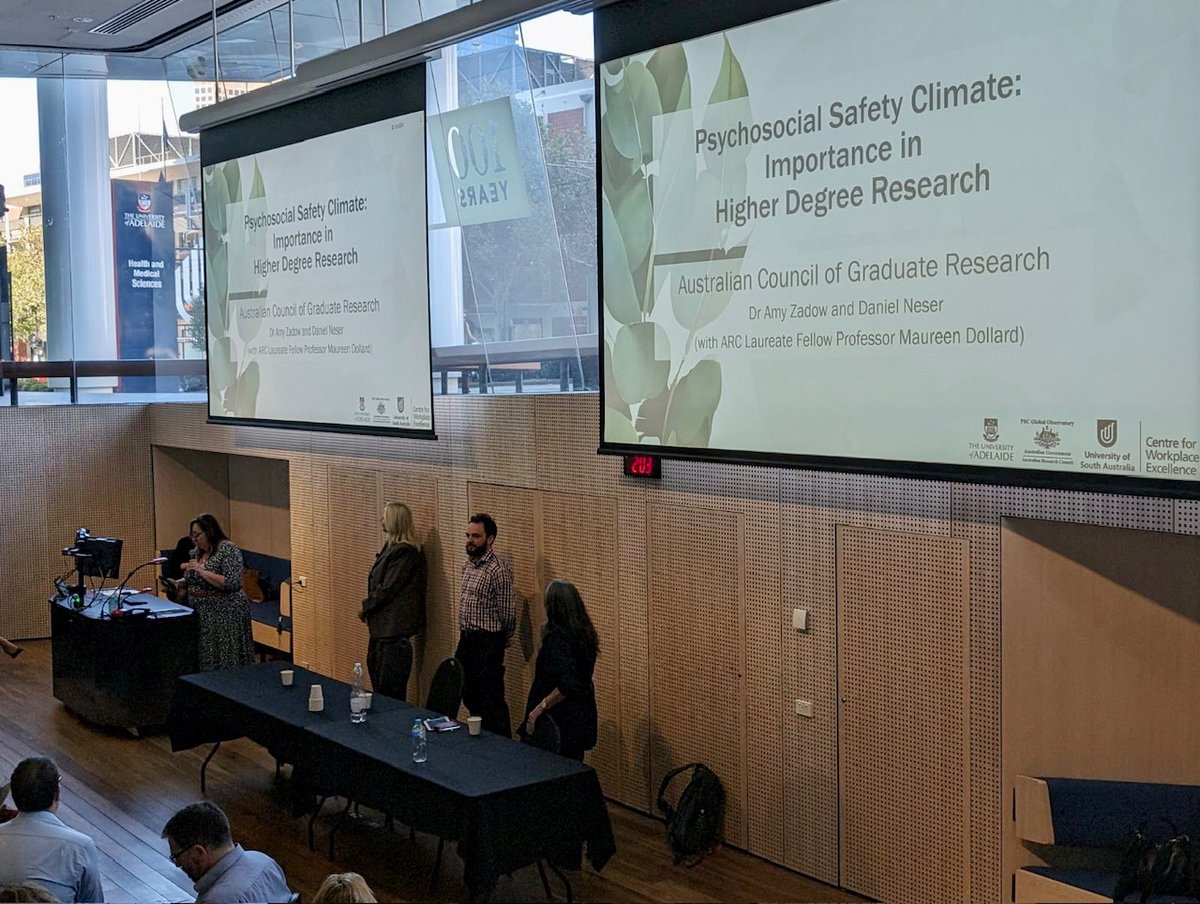 As part of our National meeting today, Professor Maureen Dollard and Daniel Neser from @UniversitySA with Dr Amy Zadow @zadow_i from @UniofAdelaide covered the important topic of psychosocial safety and its importance in Higher Degree Research #research