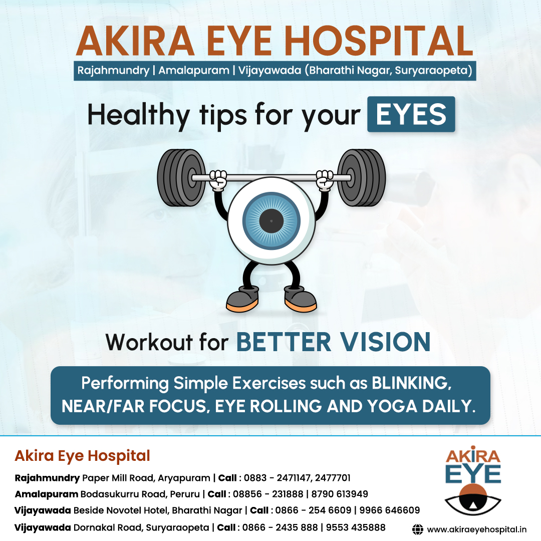 👁️ Keep your vision sharp and eyes healthy with these simple yet effective eye exercises! 
#akiraeyehospital #vijayawada #Rajahmundry #amalapuram #EyeHealth #VisionCare #eyecare #eyeworkout #eyestrain #eyehealth #EyeWellness #ClearVision #EyeCareTips #ProtectYourEyes