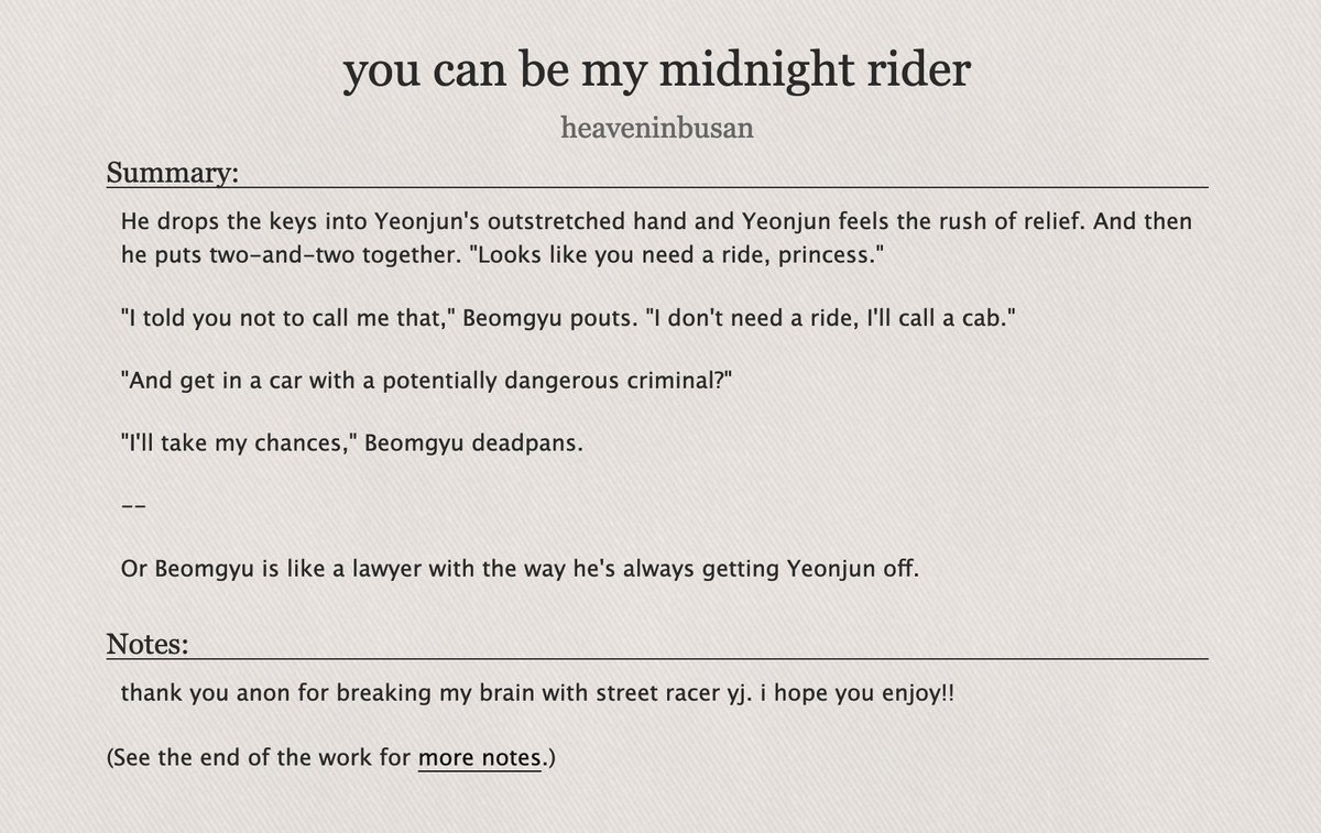 you can be my midnight rider

♡ bmjn 
♡ rated E
♡ 4.5k, complete
♡ lawyer/client to lovers, street racer yj
♡ pwp but sweet, yj is the biggest simp ever
♡ archiveofourown.org/works/55219591