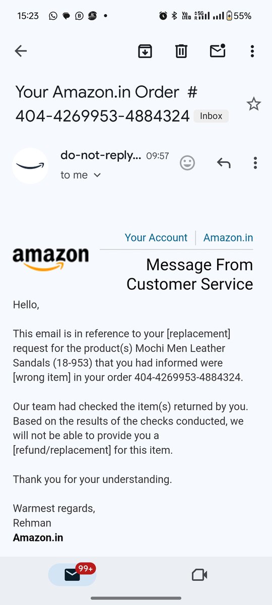 SachinG59417090's tweet photo. Wrong item sent by Ordered Mochi shoes (₹2992) but got different brand/style. CS refuses replacement/refund despite pics (see screenshot). Fix this, ! Pathetic!  @consaff @amazonIN @jagograhakjago @JeffBezos @AmitAgarwal @TheLallantop @MochiShoesIN https://t.co/mlI64r52XV