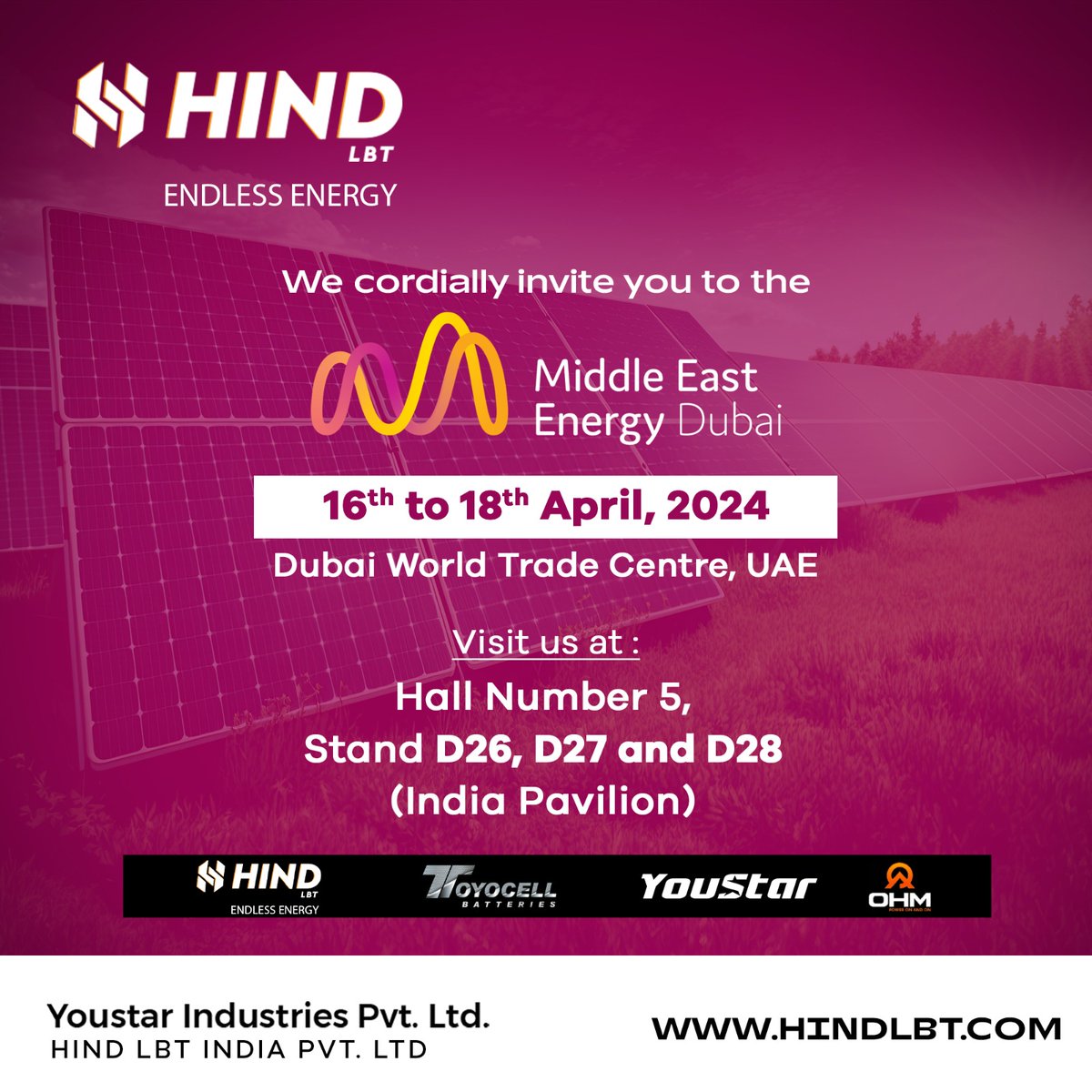 We are participating in the Middle East Energy, Dubai.
From unveiling cutting-edge technologies to fostering meaningful connections, we're committed to making every moment count!
Meet us at Hall No.5, Stand D26, D27, D28 (India Pavilion), 16th-18th Apr.

 #worldtradecentre