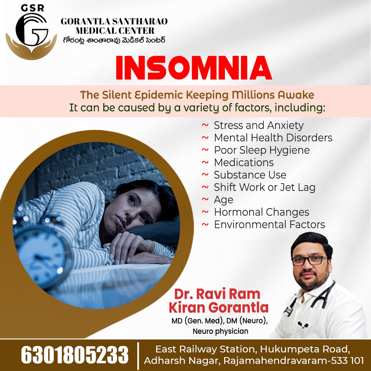 GSRneuro's tweet photo. Struggling to sleep? You're not alone. INSOMNIA- The silent epidemic is affecting millions worldwide. From stress to environmental factors, explore the causes and solutions now.
For Appointment: +91 6301805233
#gsrmedicalcenter #InsomniaAwareness #SleepStruggles #MentalHealth https://t.co/I3uAkeKPwf