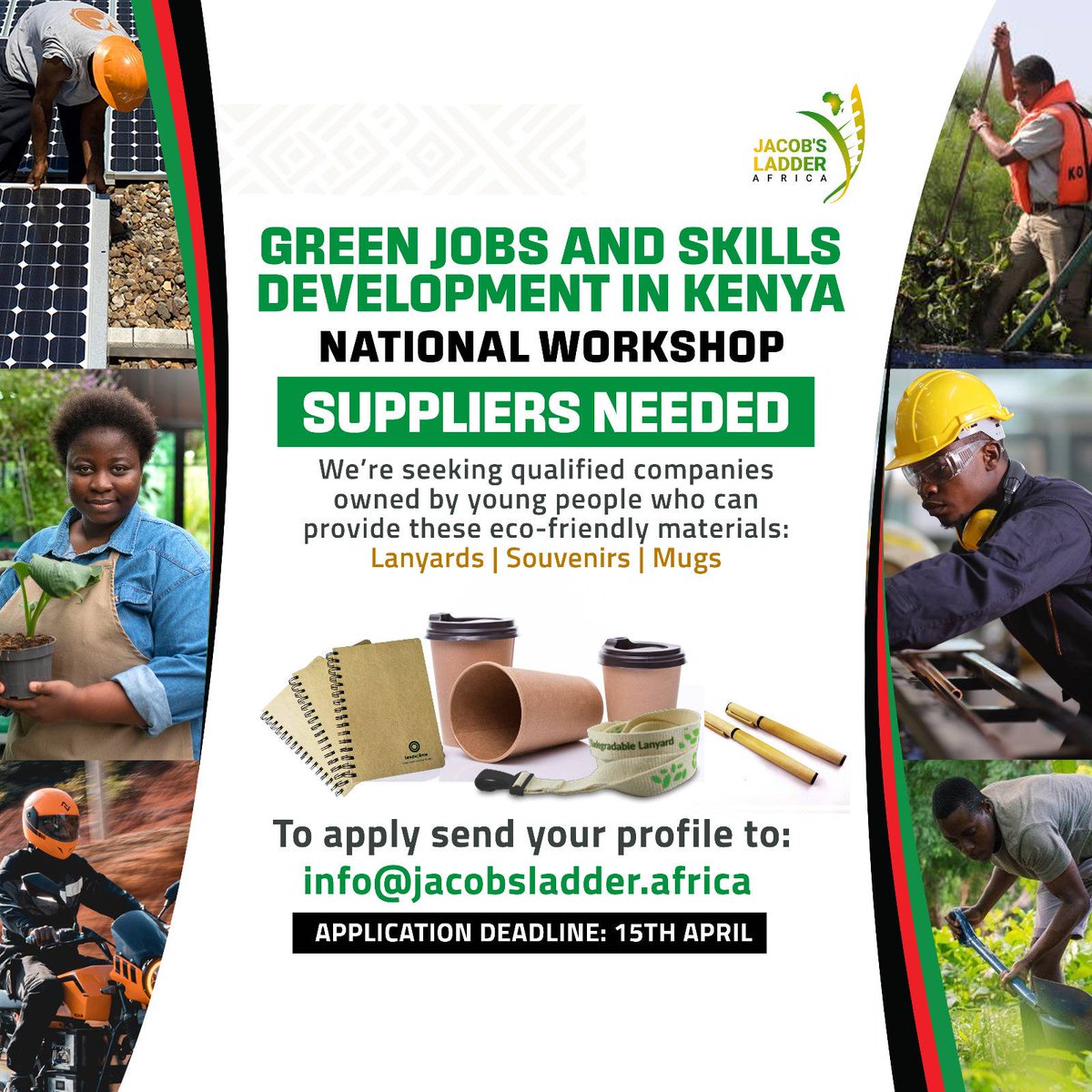 LAST CALL for young, eco-conscious entrepreneurs! 🌿🚀 Today's your final chance to apply as a supplier for the National Green Jobs and Skills Development Workshop on May 3rd, 2024! If you specialize in eco-friendly materials like lanyards, souvenirs, pens, and mugs, this is the…