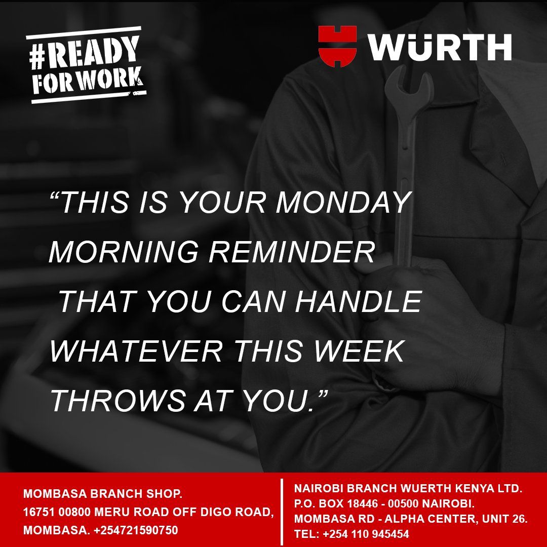 Embrace the start of a new week with Wurth Kenya! 🌟 Let's tackle Monday head-on with determination and positivity. Wishing you a productive and successful start to the week ahead! #MondayVibes #NewWeekNewGoals #WurthKenya #ProductivityBoost #PositiveMindset