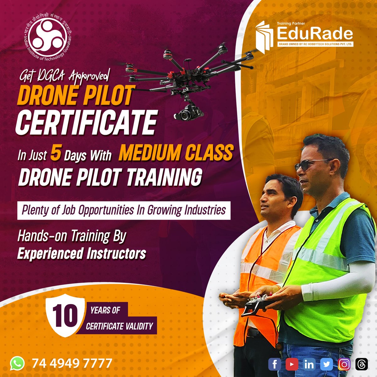 Embark on a thrilling drone pilot career with EduRade's 5-day Medium Class Drone Pilot Training!

Earn your DGCA Approved Drone Pilot Certificate and explore abundant job opportunities.

Enroll now for a promising future in the drone industry!
📲 74494 97777

#DronePilot