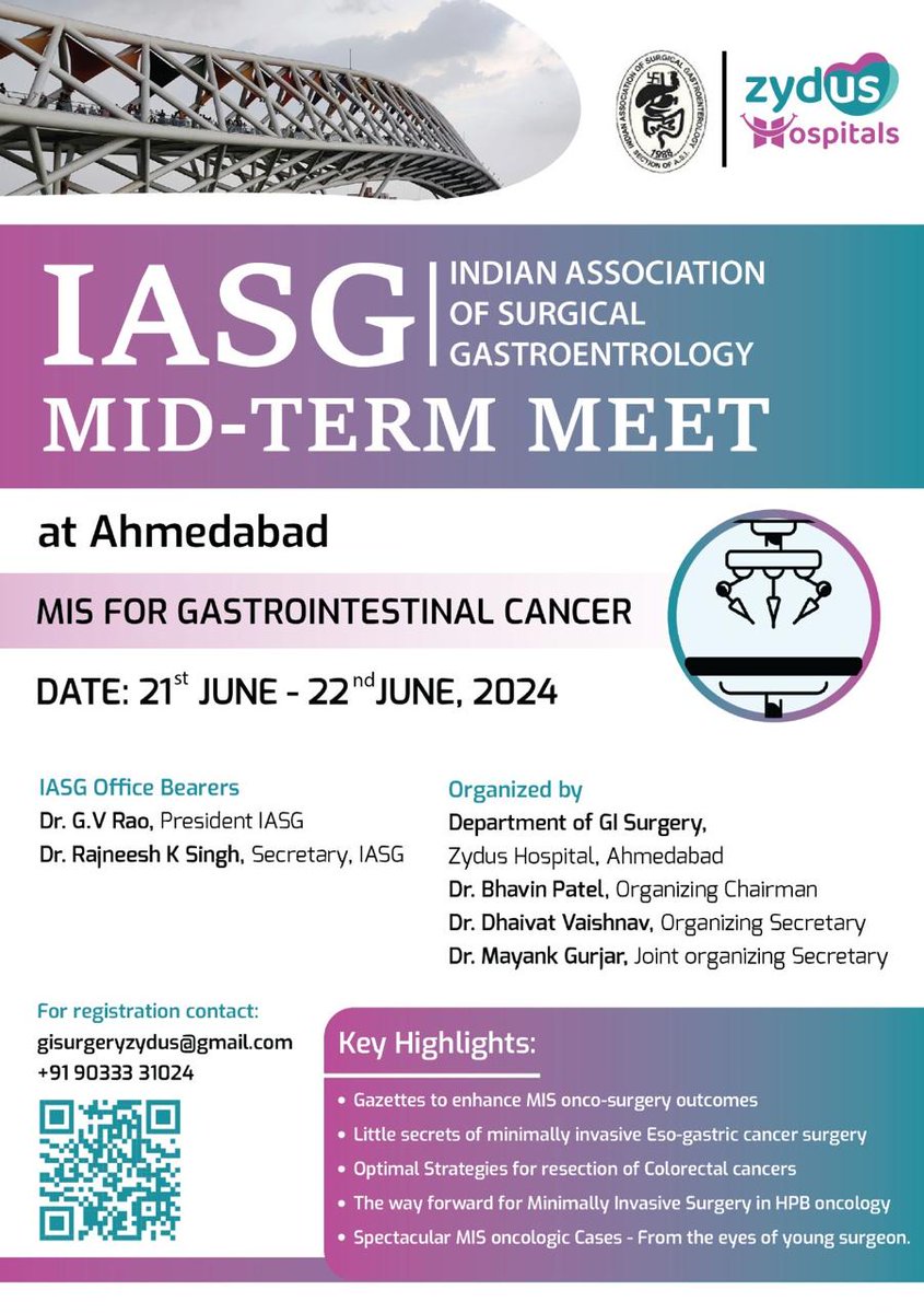 Announcing the Midterm Conference of Indian Association of Surgical Gastroenterology focussing GI Cancers, on 21st - 22 nd June, 2024 in Ahmedabad under the stewardship of Dr Bhavin Patel . #IASG #GIOncology #GICancers #SurgicalGastroenterology #ZydusHospital