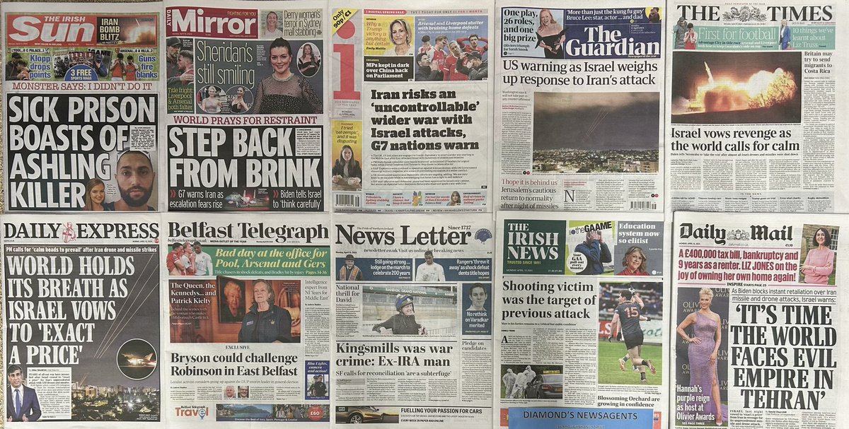 MONDAY 15-4-24 HEADLINES…… WORLD HOLDS ITS BREATH AS ISRAEL VOWS TO ‘EXACT A PRICE’…… US WARNING AS ISRAEL WEIGHS UP RESPONSE TO IRAN’S ATTACK….. IRAN RISKS AN ‘UNCONTROLLABLE’ WIDER WAR WITH ISRAEL ATTACKS , G7 NATIONS WARN….. STEP BACK FROM BRINK….. #BuyANewspaper