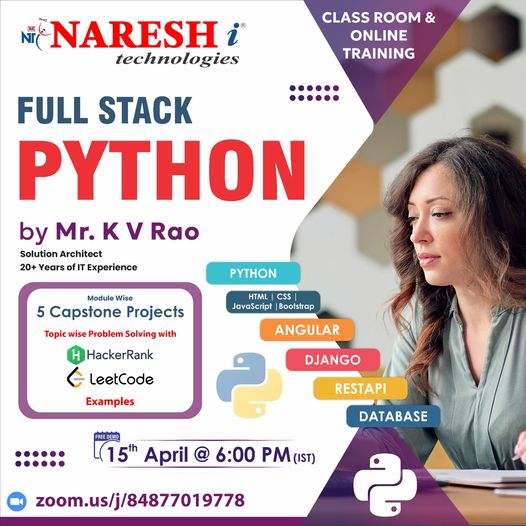 🛑 Free Demo 🛑
✍️Enroll Now: bit.ly/3VWs3Uu
👉Attend Free Demo On Python & Full Stack Python by Mr.K.V.Rao
📅Demo on: 15th April @ 6:00 PM (IST).
For More Details:
🌐Visit: nareshit.com/new-batches